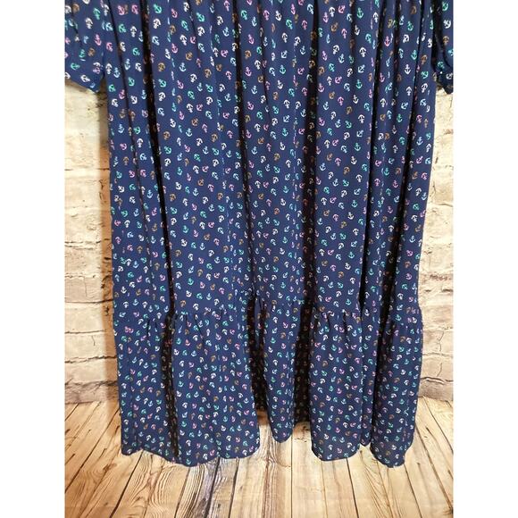 Talbots Midi Dress Women 12 Navy Nautical Anchor Print Tiered Boho Dark Romantic - Picture 3 of 13